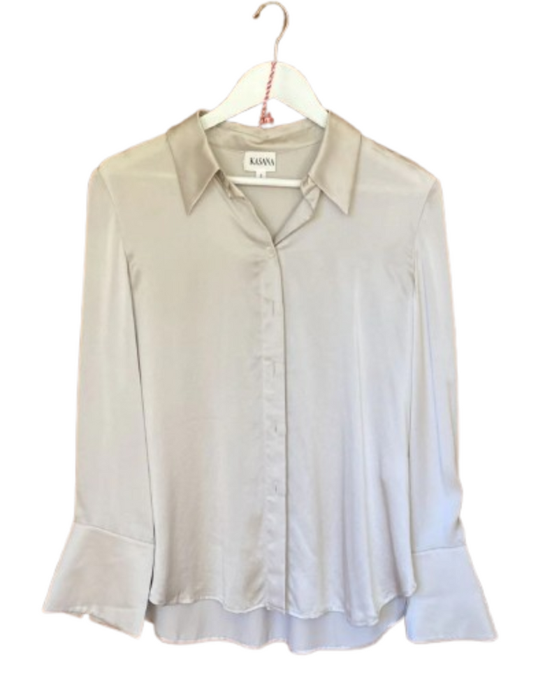 Kasana Collective Pale Beige Silk Shirt in size S, lightweight breathable design – 20% off storewide sale