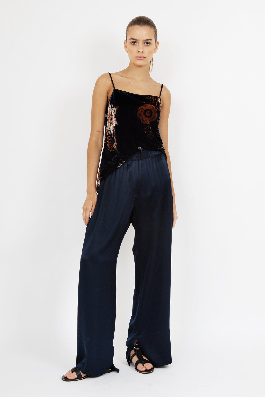 On sale, Stevie Bias Cami in red, black and pink floral print on navy velvet, 80% nylon 20% viscose with silk satin trim, limited edition, pairs with Stevie Pant or Silk Essentials pants or bias skirts, dry clean.