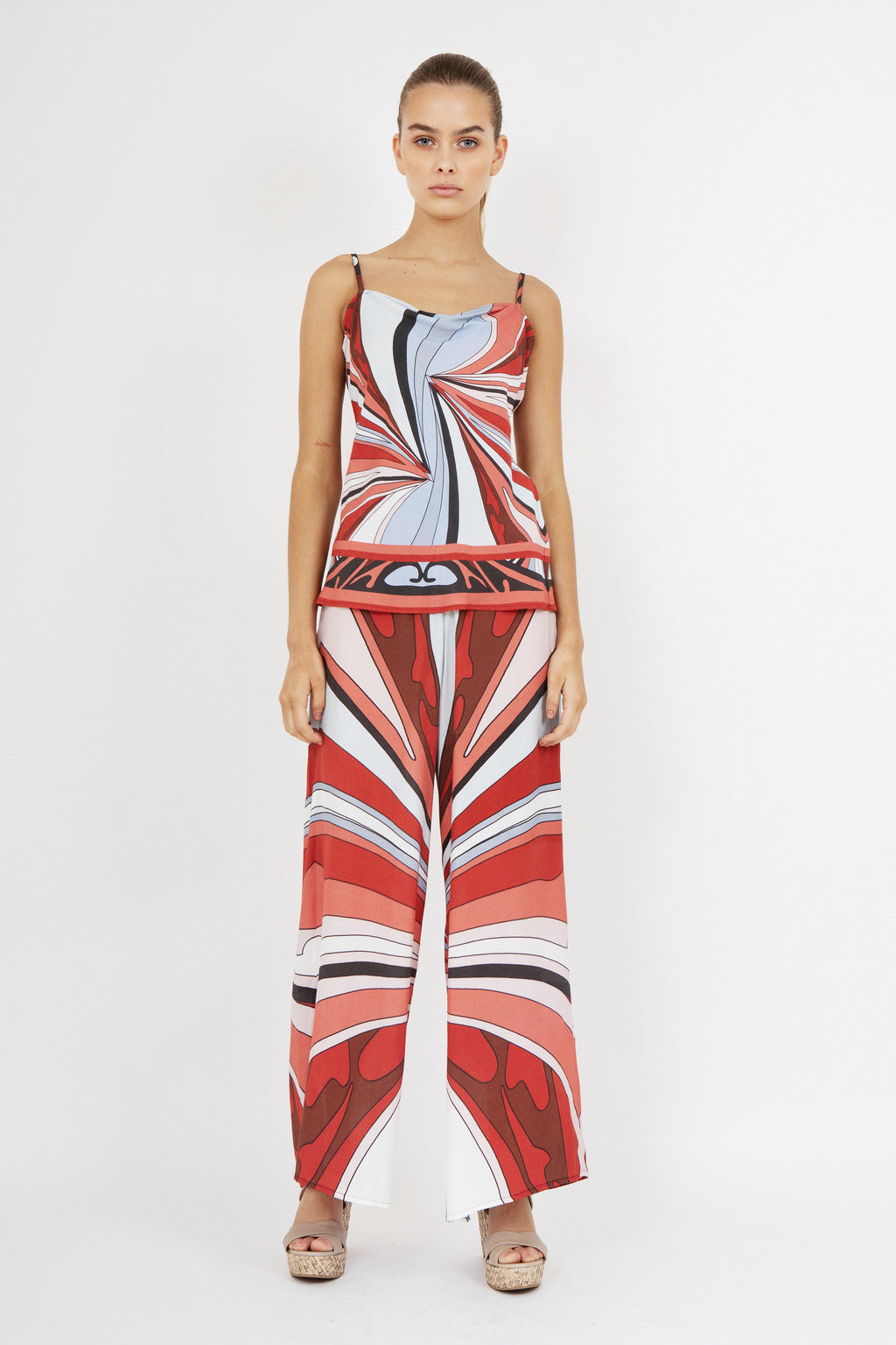On sale, limited edition Callie Swirl print bias-cut cami in raspberry and blue georgette viscose, shoe string straps, lightweight and fluid fabric, luxury summer top, dry clean