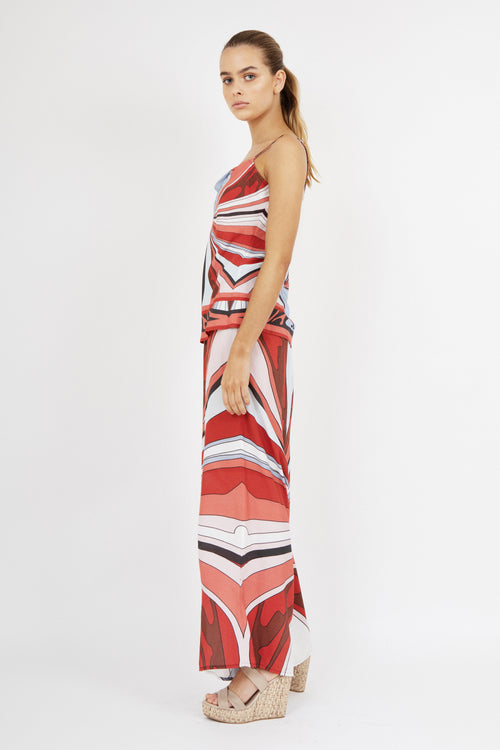 On sale, limited edition Callie Swirl print bias-cut cami in raspberry and blue georgette viscose, shoe string straps, lightweight and fluid fabric, luxury summer top, dry clean