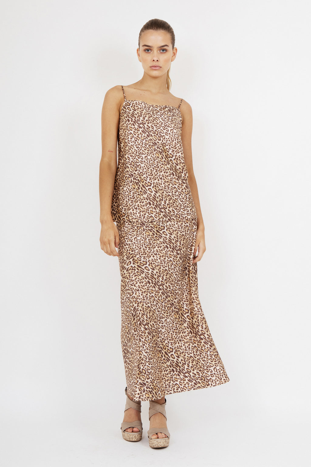 On sale, Rory Bias Cami in exclusive leopard print, 22mm silk twill, spaghetti straps, flattering bias cut, limited edition 20 pieces, versatile styling with pants or skirt, dry clean.