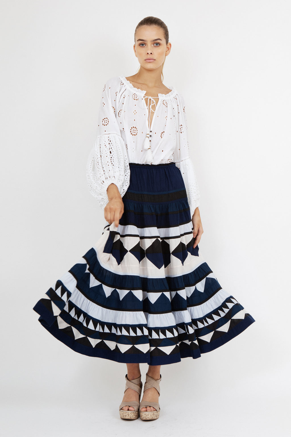 On sale, Olivia Collection full-length cotton skirt with intricate patchwork, elasticised waist, drawstrings with hand-beaded tassels, styled with Frankie Blouse or Silk Essentials tops, hand wash or dry clean.