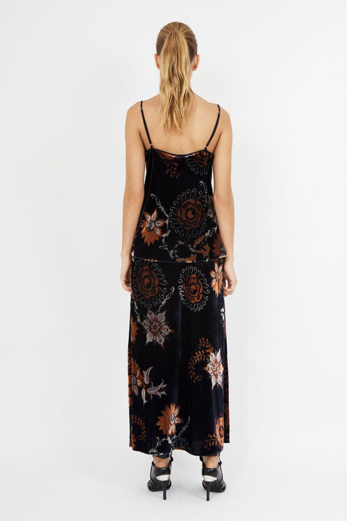 On sale, Stevie Bias Cami in red, black and pink floral print on navy velvet, 80% nylon 20% viscose with silk satin trim, limited edition, pairs with Stevie Pant or Silk Essentials pants or bias skirts, dry clean.