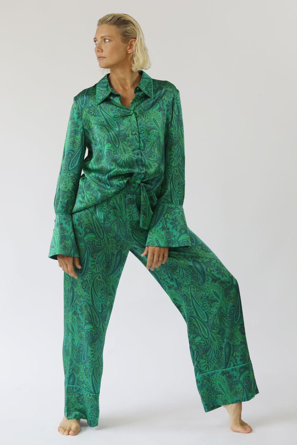 Kasana Ella Silk Pant in emerald paisley print, 100% silk satin with elasticised waist and feature cuffs – limited edition