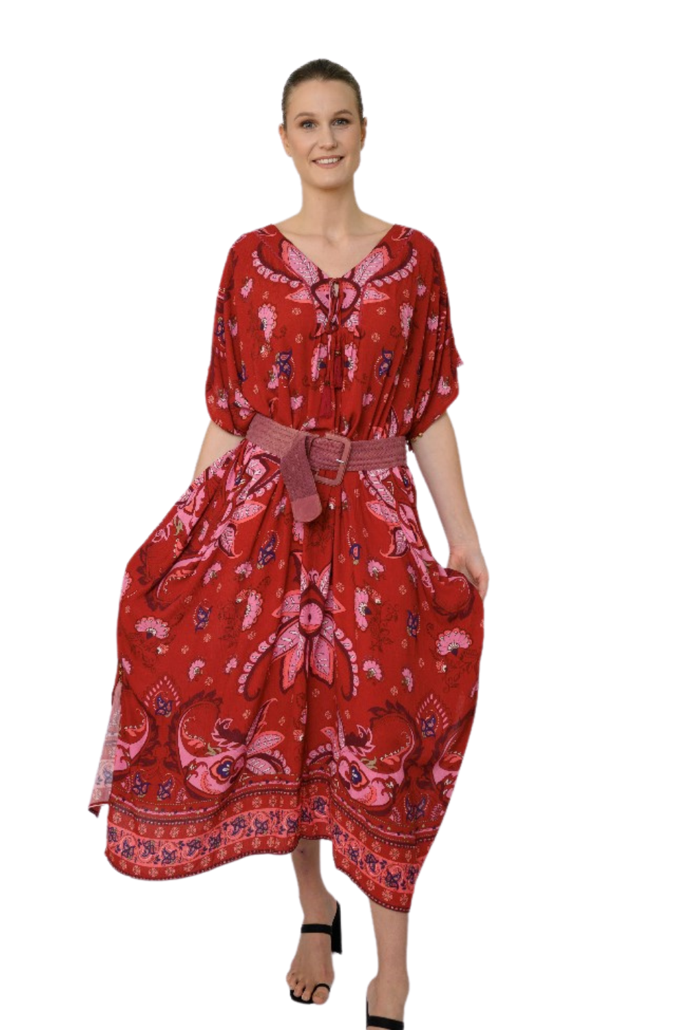 imperial red viscose crepe long kaftan with paisley-inspired print in pink, salmon and azure, loose fit bohemian kaftan dress with option to wear belted or loose, versatile beach cover up or statement resort wear piece, artisan paisley kaftan on sale, limited edition