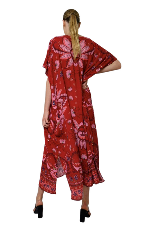 imperial red viscose crepe long kaftan with paisley-inspired print in pink, salmon and azure, loose fit bohemian kaftan dress with option to wear belted or loose, versatile beach cover up or statement resort wear piece, artisan paisley kaftan on sale, limited edition