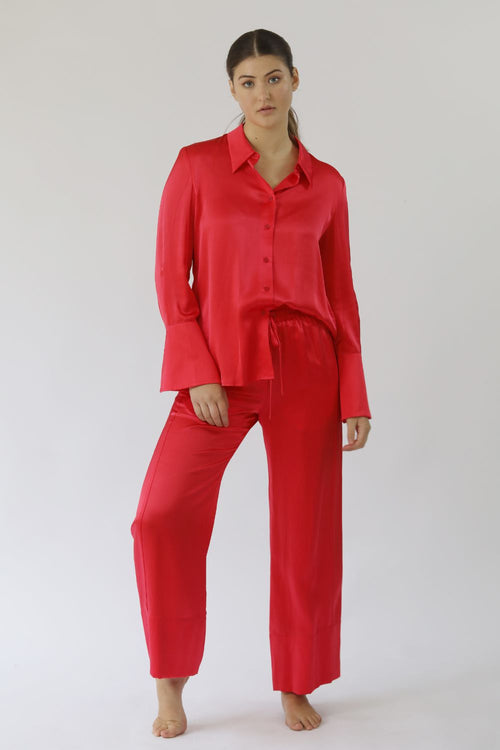 Kasana Silk Essentials Pant in limited edition watermelon-pink, 100% silk satin with elastic waist, drawstring tie and wide cuffs – 20% off storewide sale
