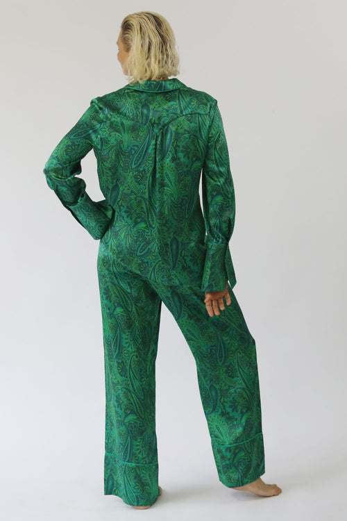 Kasana Ella Silk Pant in emerald paisley print, 100% silk satin with elasticised waist and feature cuffs – limited edition
