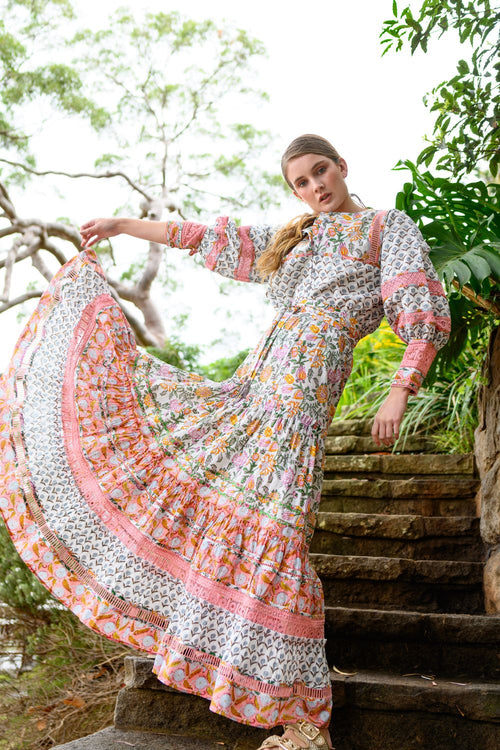 Kasana Sylvie Blouse in Lemon with floral patchwork, broderie anglaise trim, metallic button front and cuff details – 20% off storewide sale
