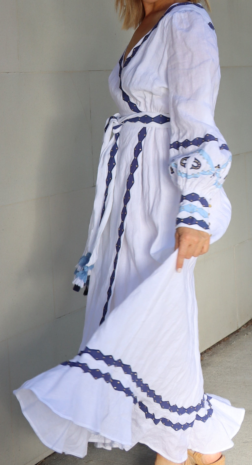 white and blue linen long wrap dress with contrast applique and embroidery on cuff, back yoke, hem and belt, limited edition women's dress on sale