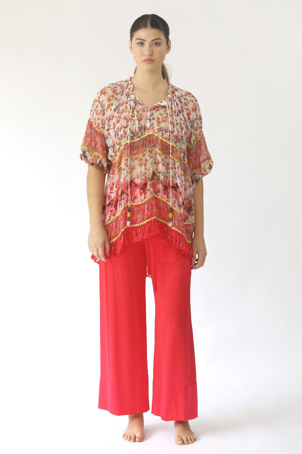Kasana Freddie Blouse in coral and lilac patchwork silk crinkle, loose fit with silver button neck and tie with beaded tassels – 20% off storewide sale