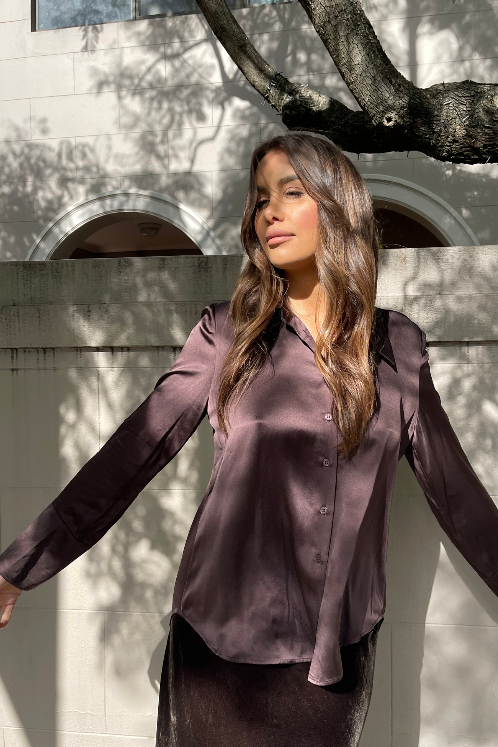 women’s silk satin button-through shirt with collar and long sleeves, soft and versatile for casual or elegant outfits, on sale