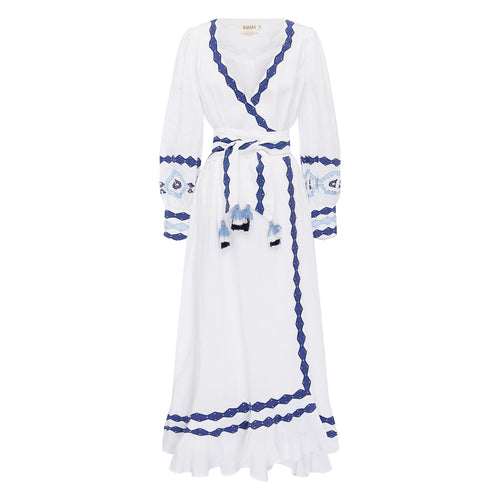 white and blue linen long wrap dress with contrast applique and embroidery on cuff, back yoke, hem and belt, limited edition women's dress on sale